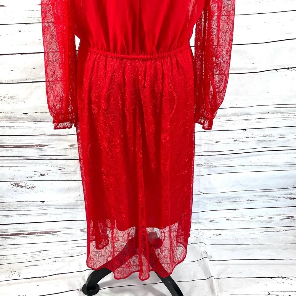 Banana Republic Women's Lace Dress Long Sleeve  Midi Semi Sheer Red Size M - Picture 7 of 10